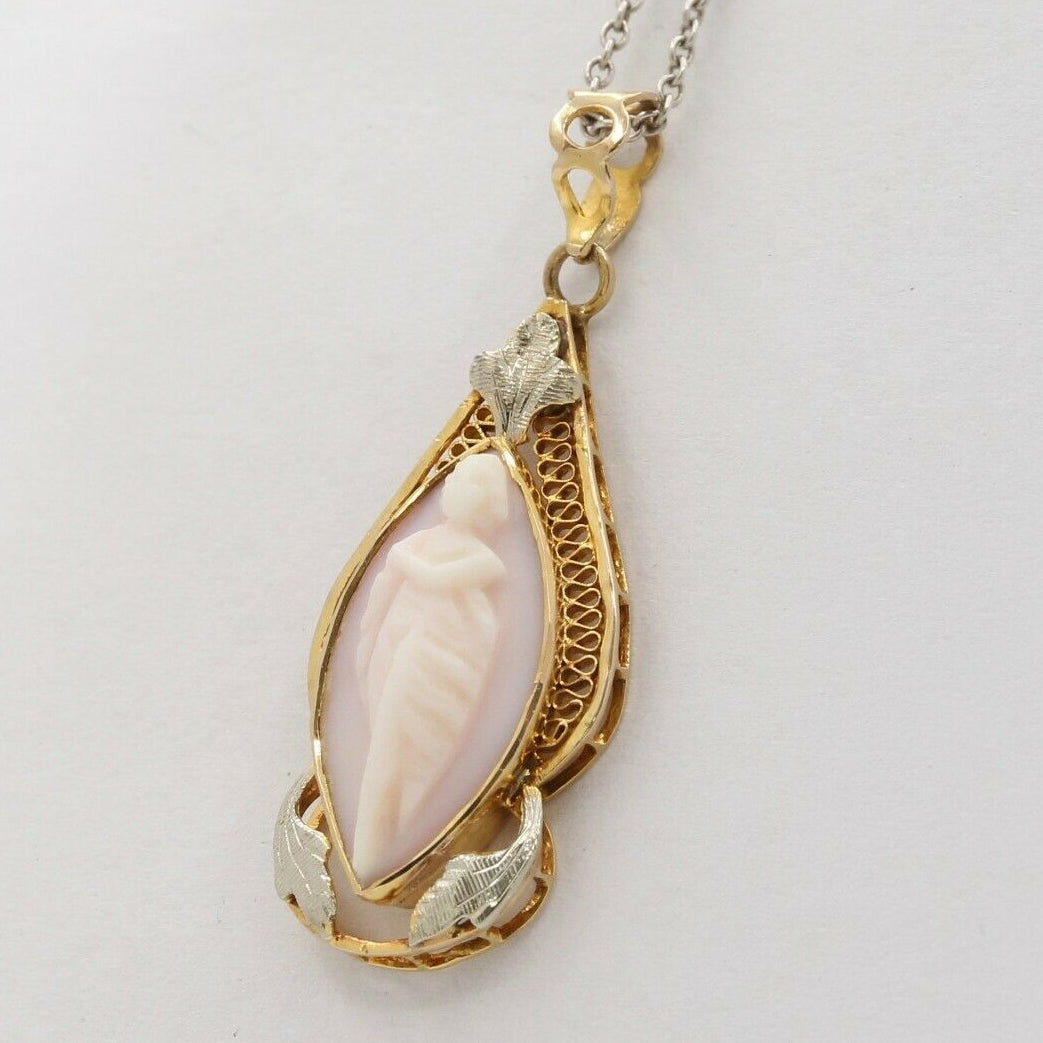 Art Nouveau 10K Yellow Golld & White Gold Carved Coral  Cameo  Pendant