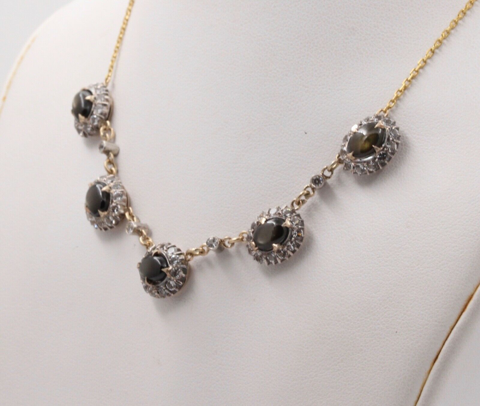 Vintage Black Star Sapphires White Sapphires 14K YG Necklace