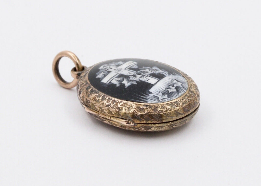 Victorian Mourning 10K Yellow Gold Enamel Cross Locket Pendant