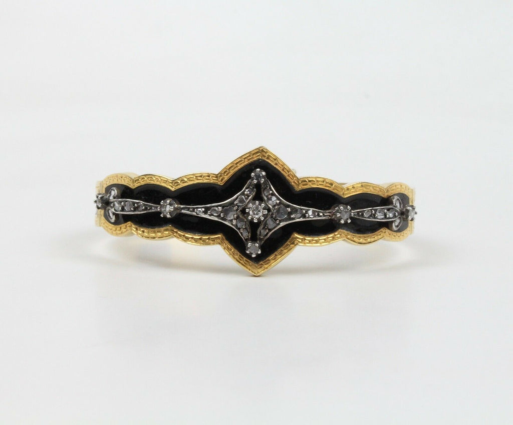 Victorian Mourning Antique Bracelet 18K Yellow Gold Black Enamel & Diamond