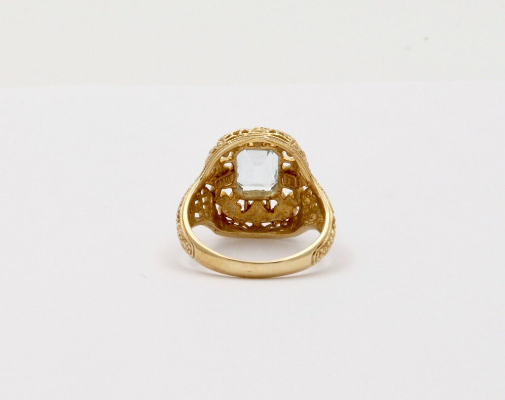Vintage 10K Yellow Gold Filigree Blue Topaz Ring