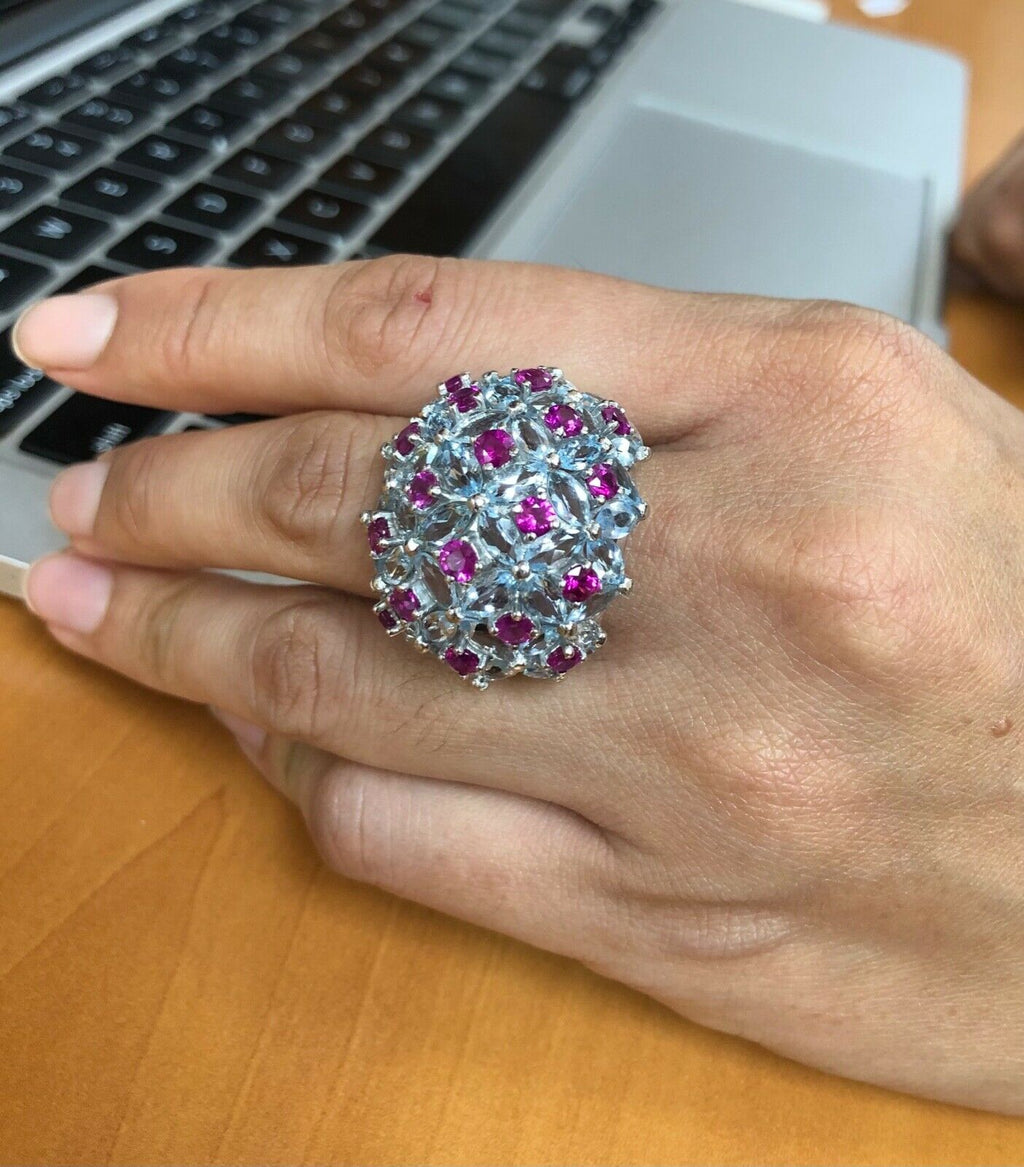 Large Statement Aquamarines Rubies 18K White Gold Dome Ring