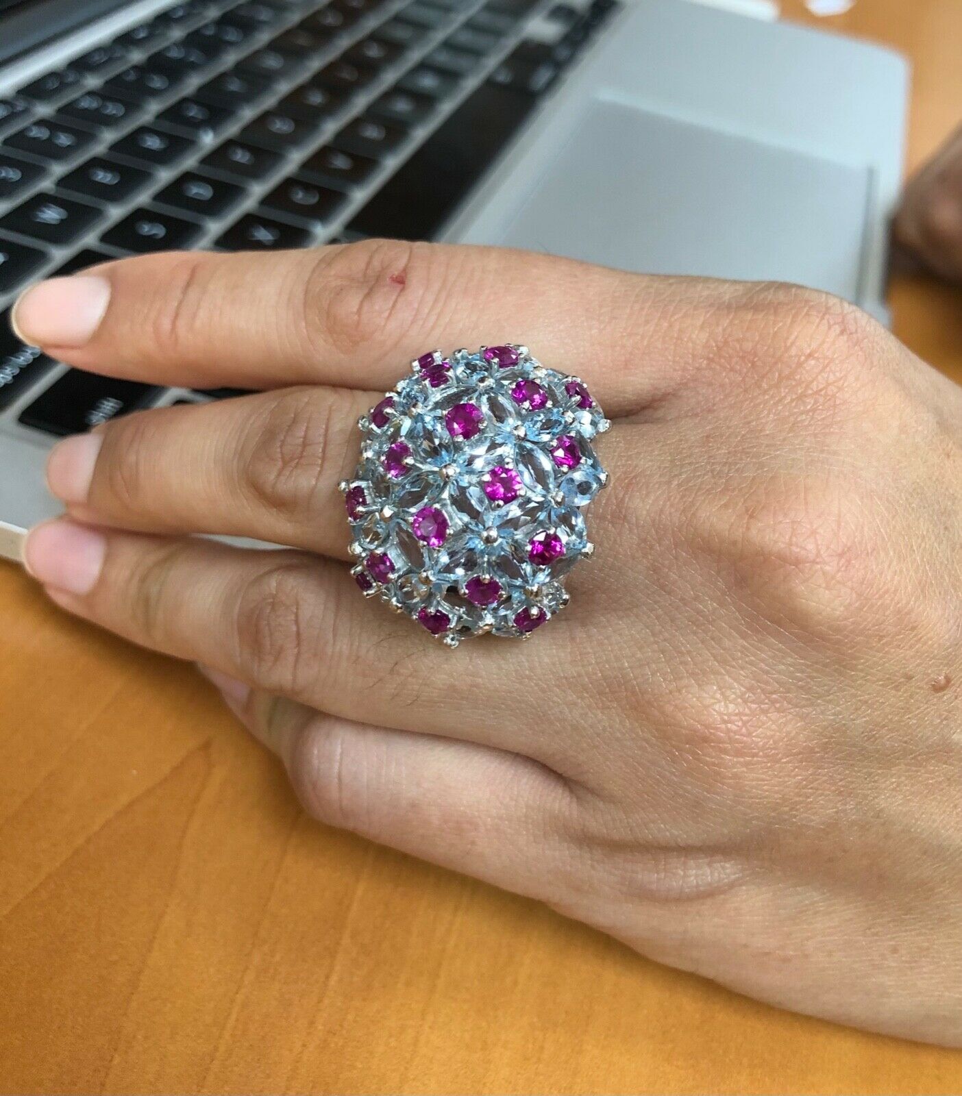 Large Statement Aquamarines Rubies 18K White Gold Dome Ring