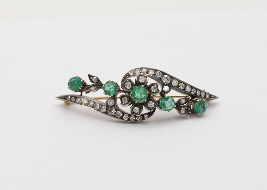 Victorian Emerald Diamonds Platinum 14K YG Flower Brooch Pin