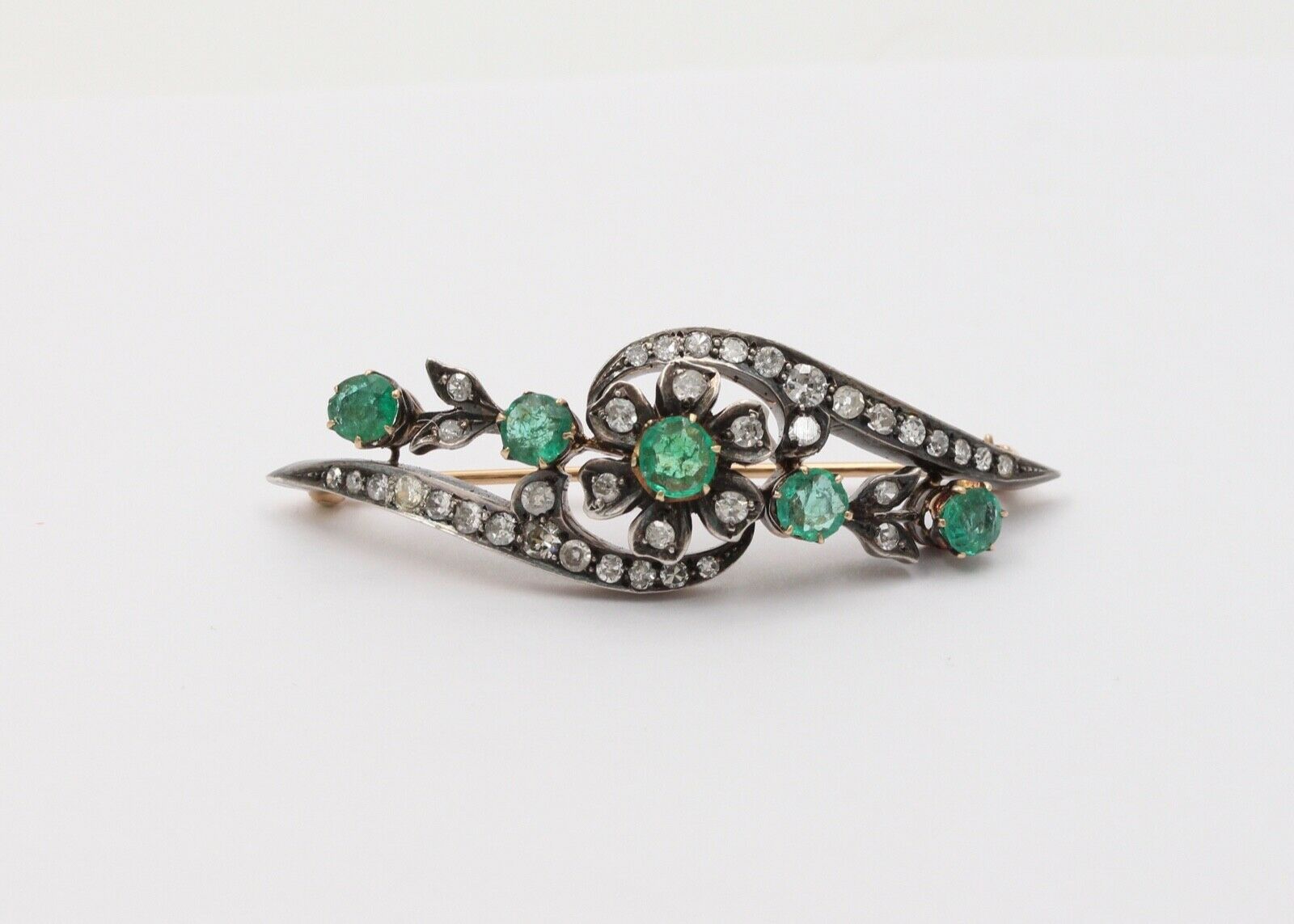 Victorian Emerald Diamonds Platinum 14K YG Flower Brooch Pin