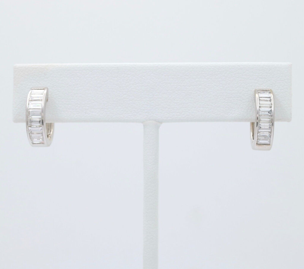 Vintage Baguette Diamonds 14K White Gold Huggie Earrings