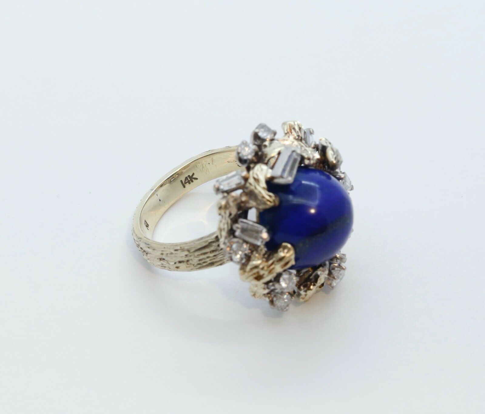 Vintage Tree Vine Cabochon Lapis Lazuli Diamonds 14K Yellow Gold Ring
