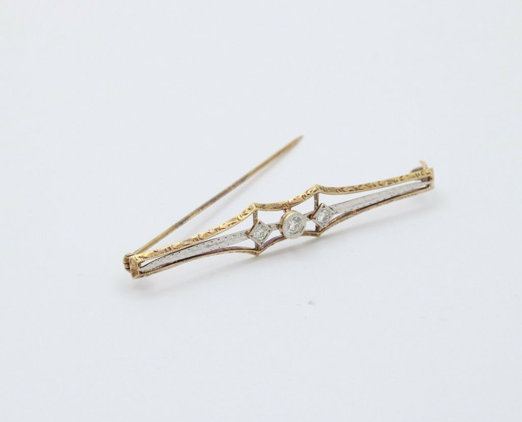 Antique Art Deco 14K Two Tone Gold Old Mine Cut Diamond Bar Pin.