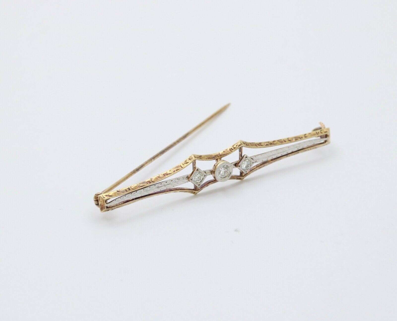 Antique Art Deco 14K Two Tone Gold Old Mine Cut Diamond Bar Pin.