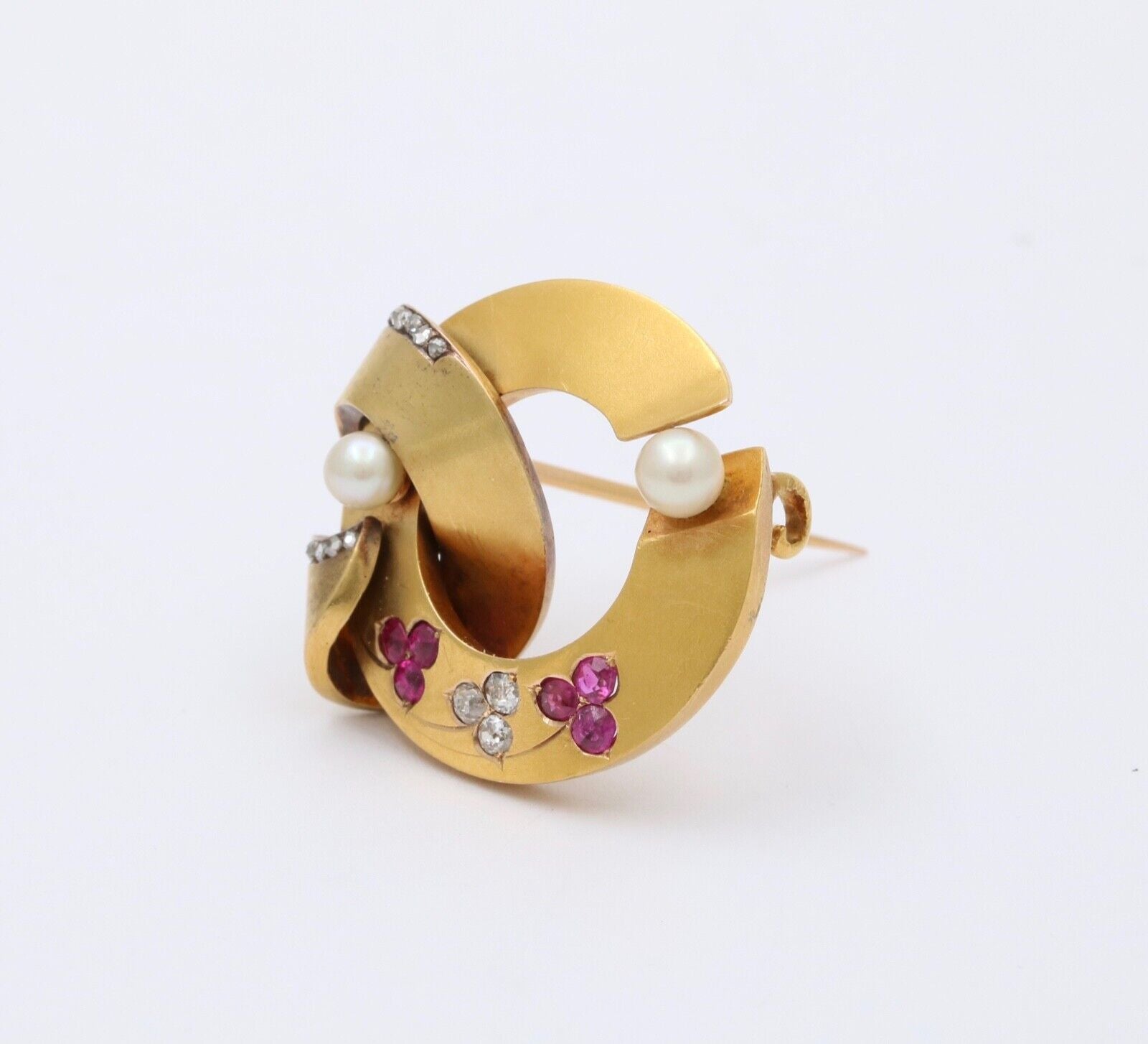 Antique 18K Yellow Gold Diamond Ruby Pearl Ribbon Brooch