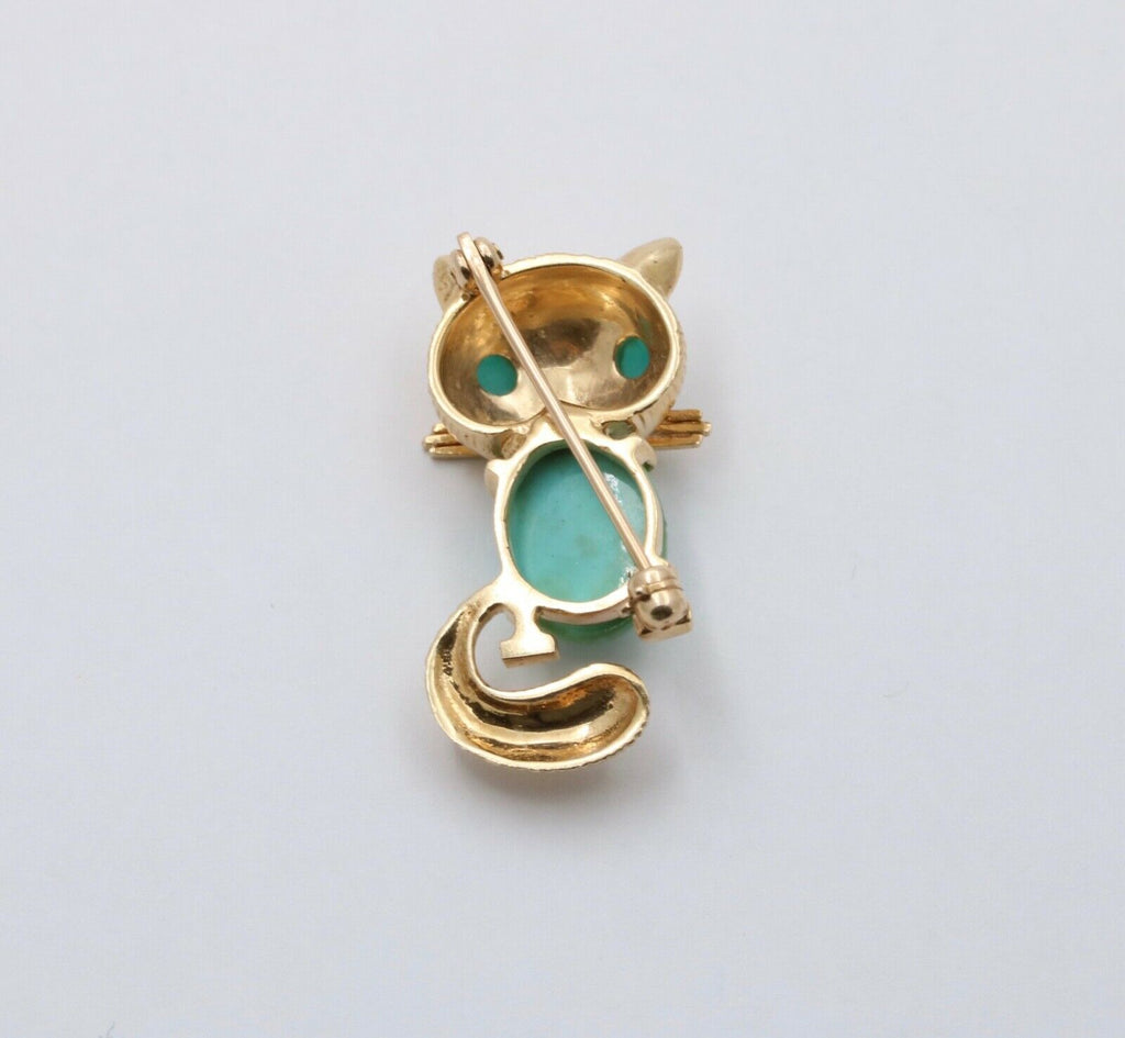 Vintage 14K Yellow Gold Turquoise Kitty Cat Brooch, Pin