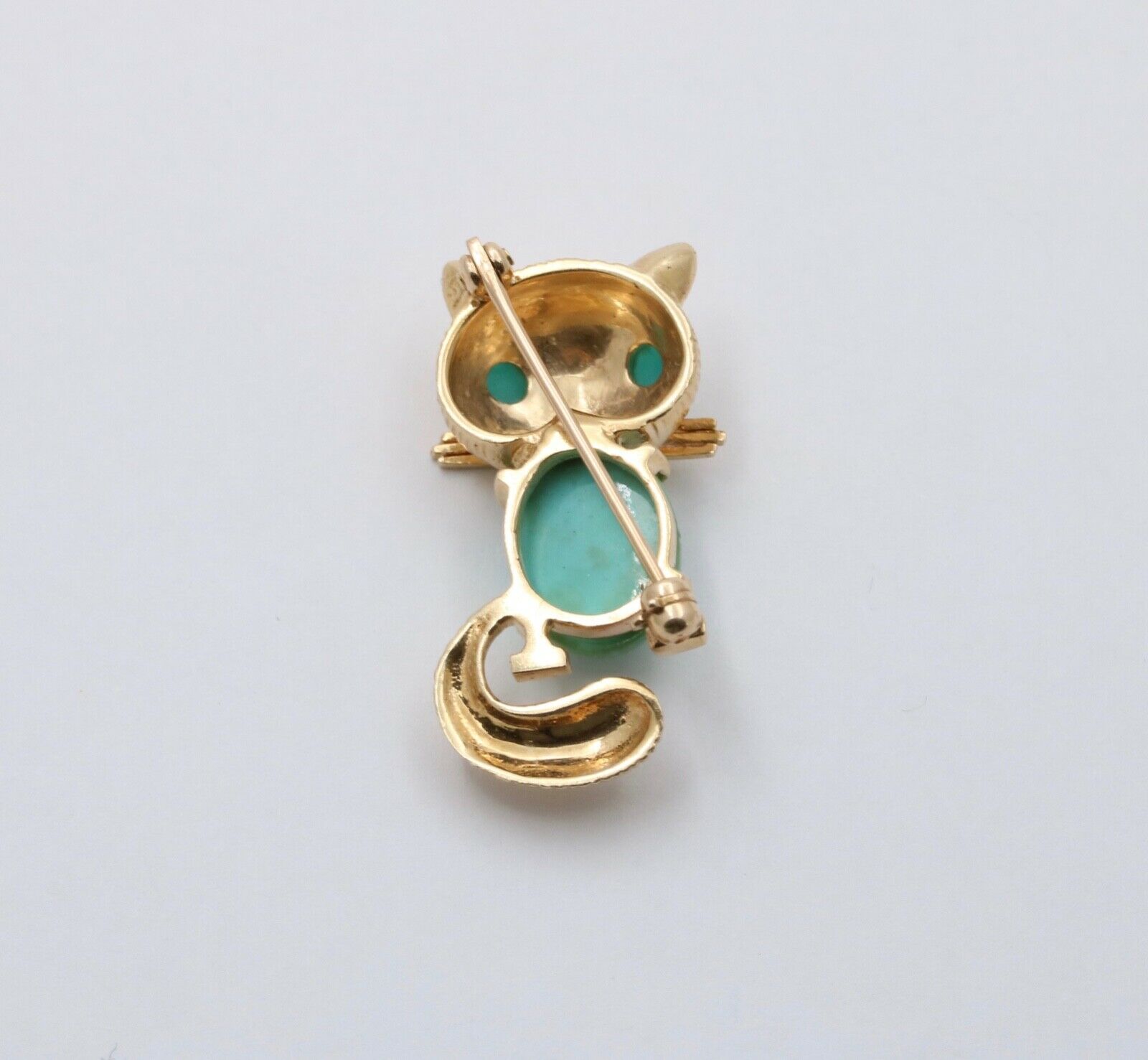 Vintage 14K Yellow Gold Turquoise Kitty Cat Brooch, Pin
