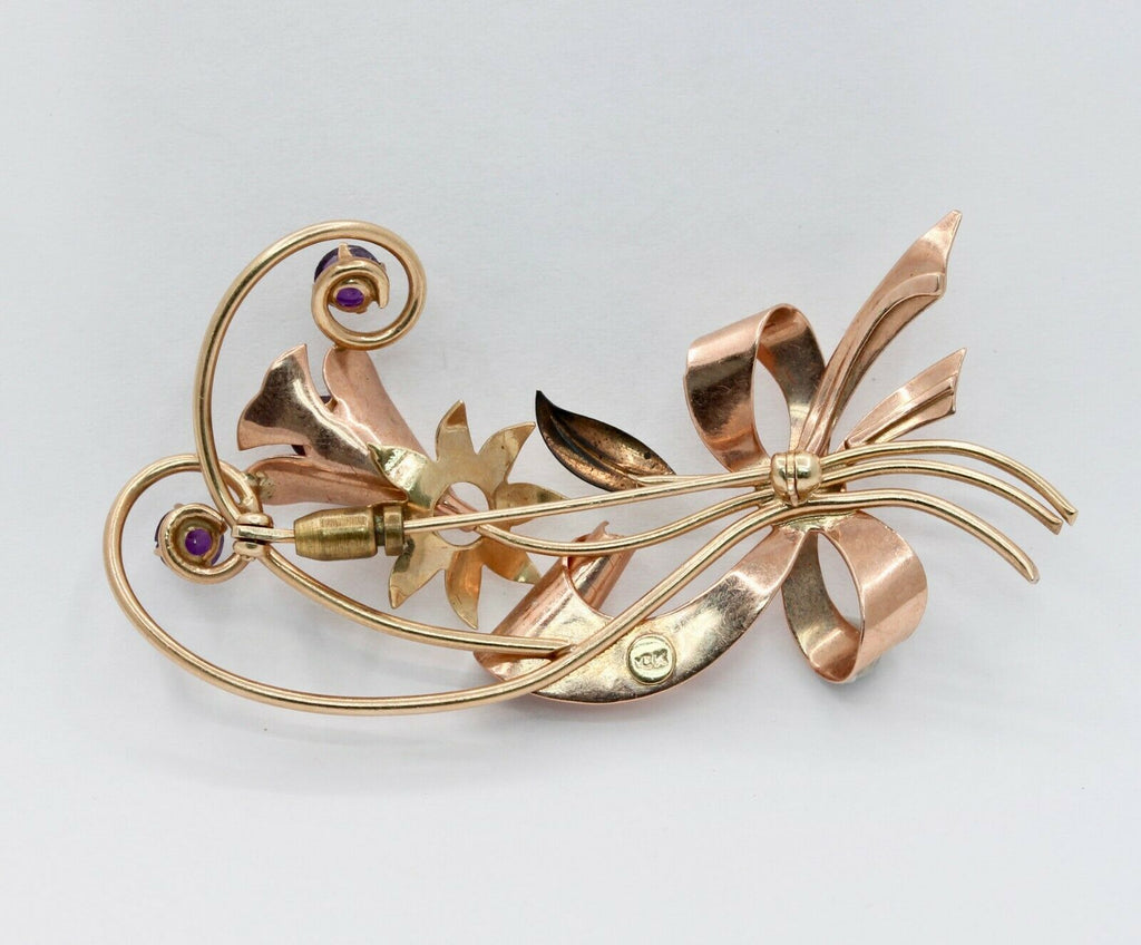 Retro 10K Rose & Yellow Gold Floral Amethyst Brooch
