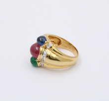 Load image into Gallery viewer, Funky Vintage 18K Yellow Gold Cabochon Ruby, Sapphire &amp; Emerald Ring, Estate Rin
