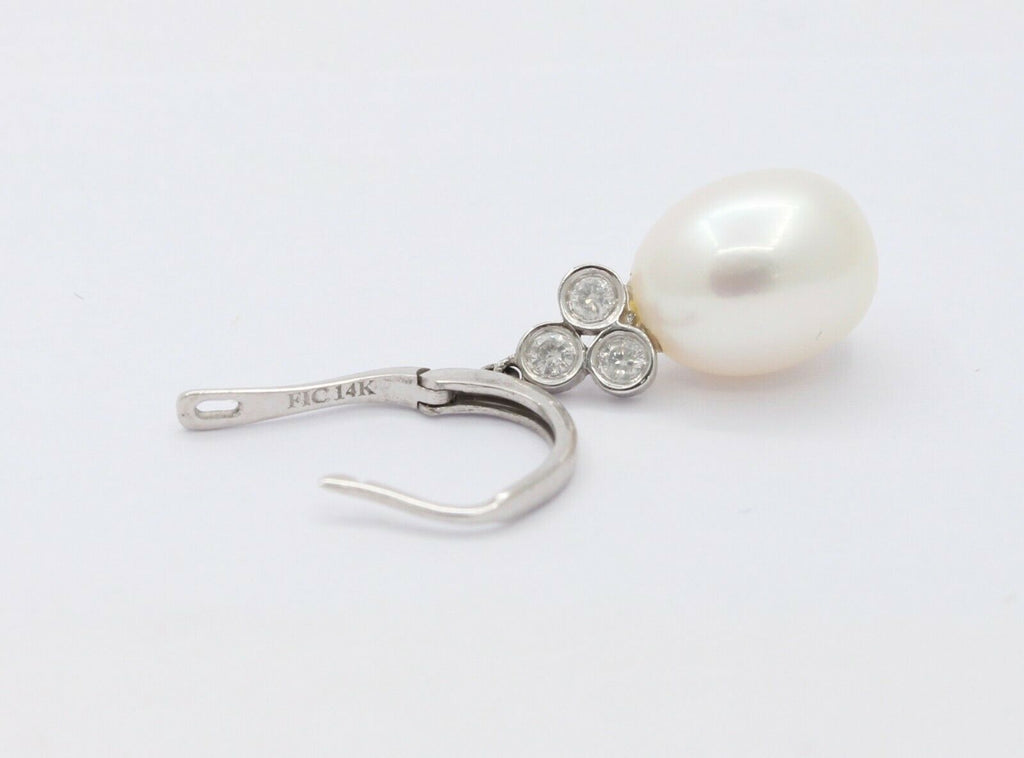 Vintage 14K White Gold Hanging Pearl Diamond Earrings