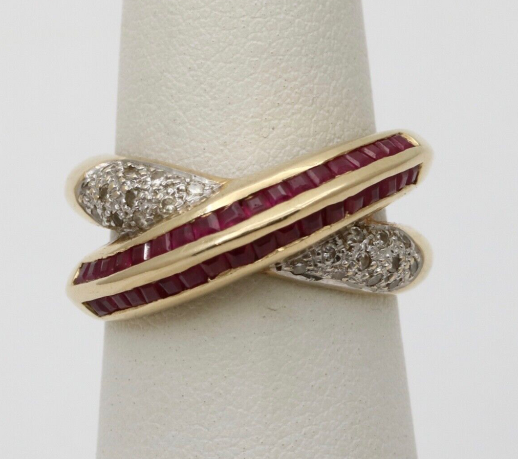 Vintage 14K Gold Ruby and Diamond Bypass Ring Band