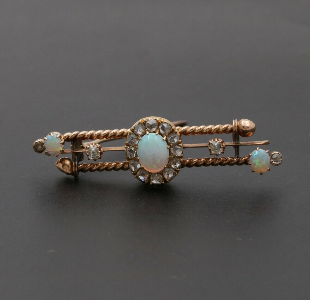 Victorian Opals Diamonds 14K Rose Gold Brooch Pin