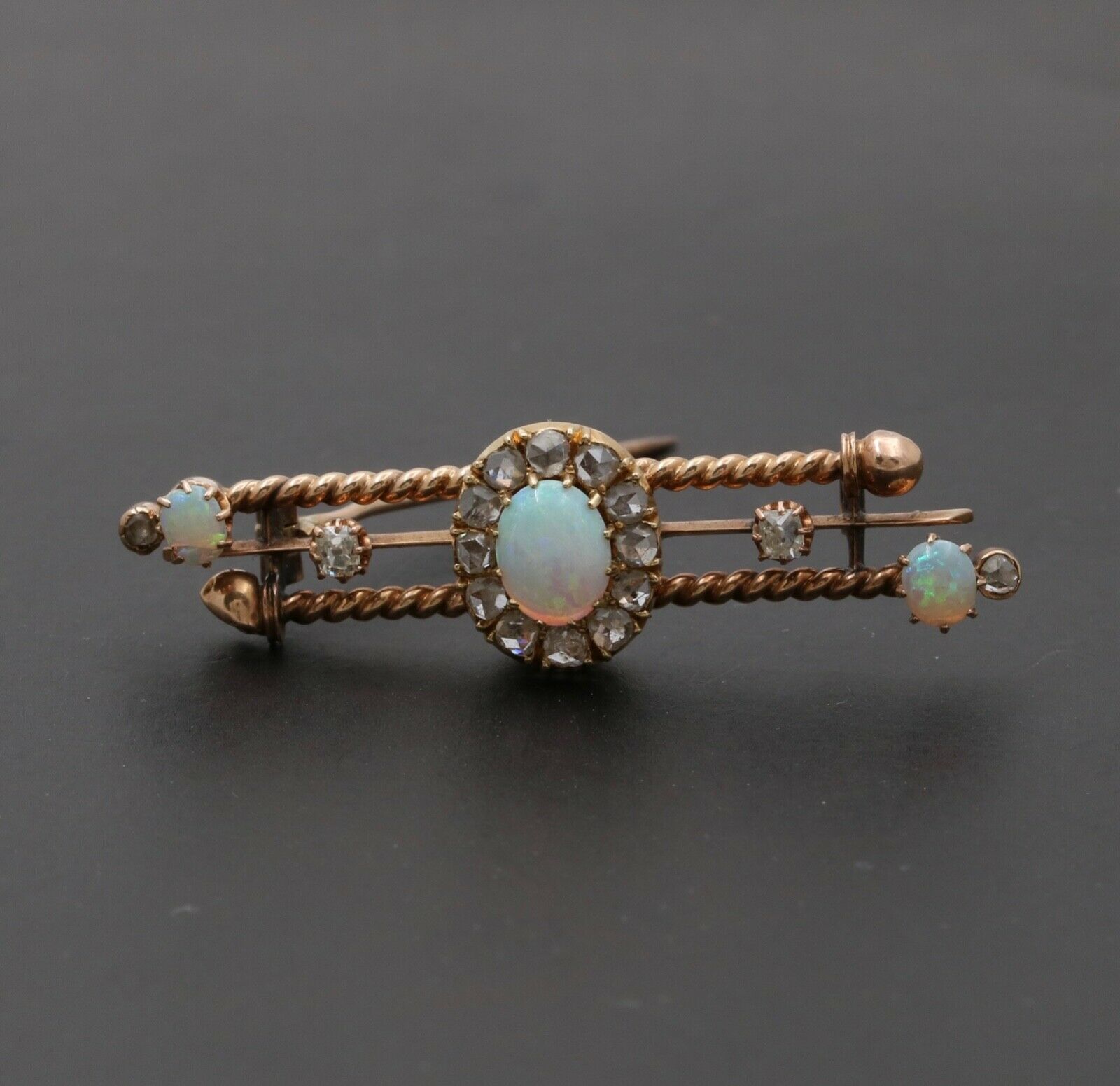 Victorian Opals Diamonds 14K Rose Gold Brooch Pin
