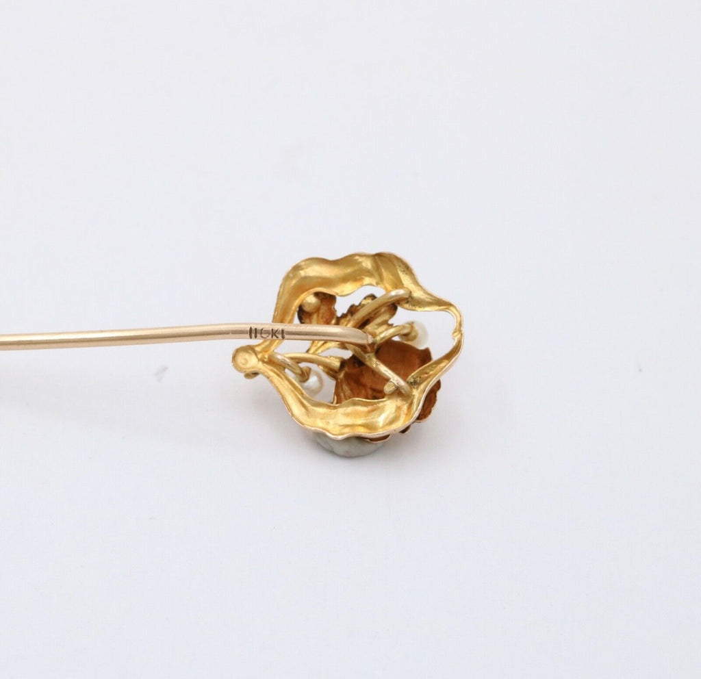 Antique Art Nouveau 10K Yellow Gold Seed Pearl Rose Stick Pin.