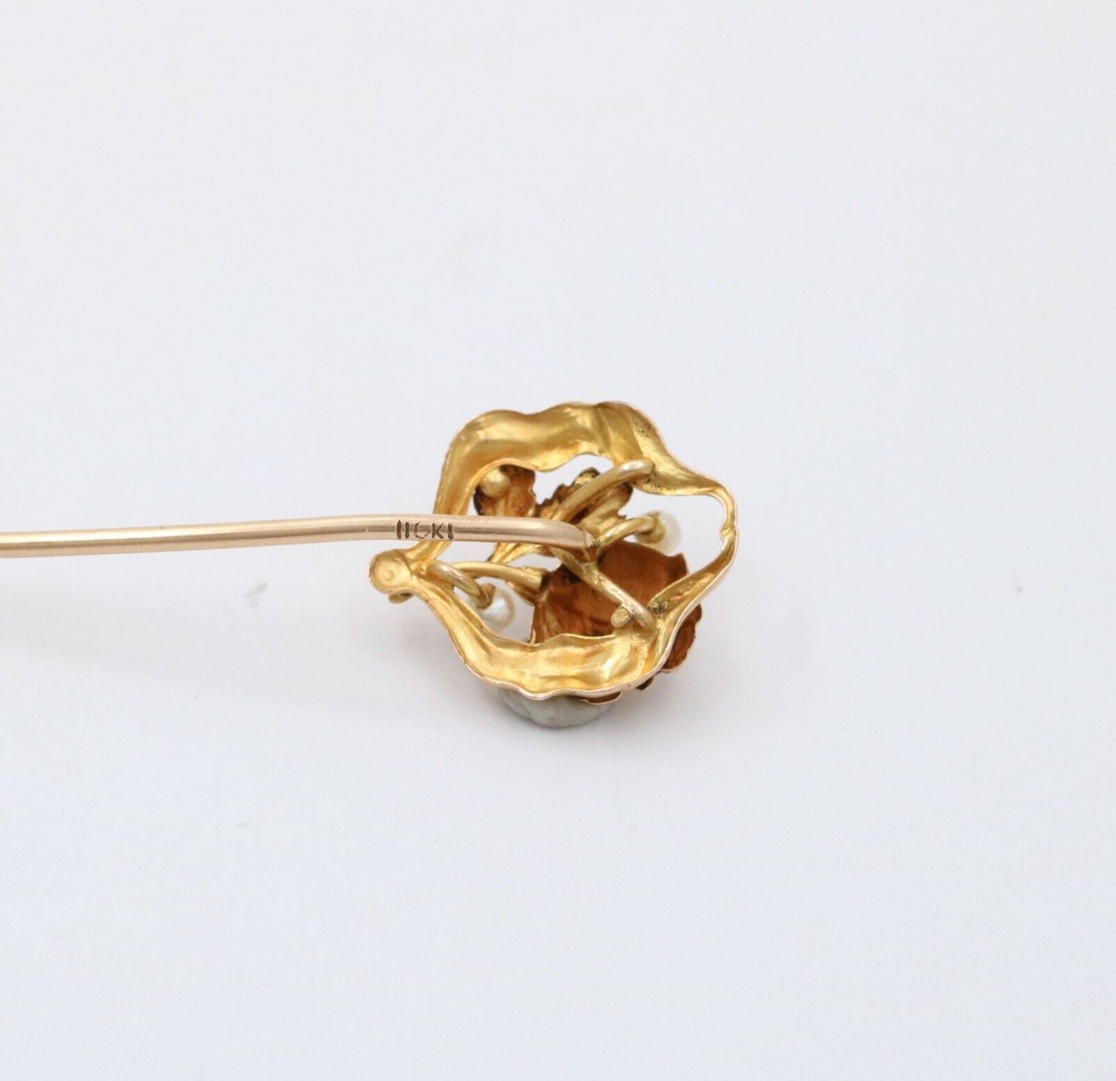 Antique Art Nouveau 10K Yellow Gold Seed Pearl Rose Stick Pin.