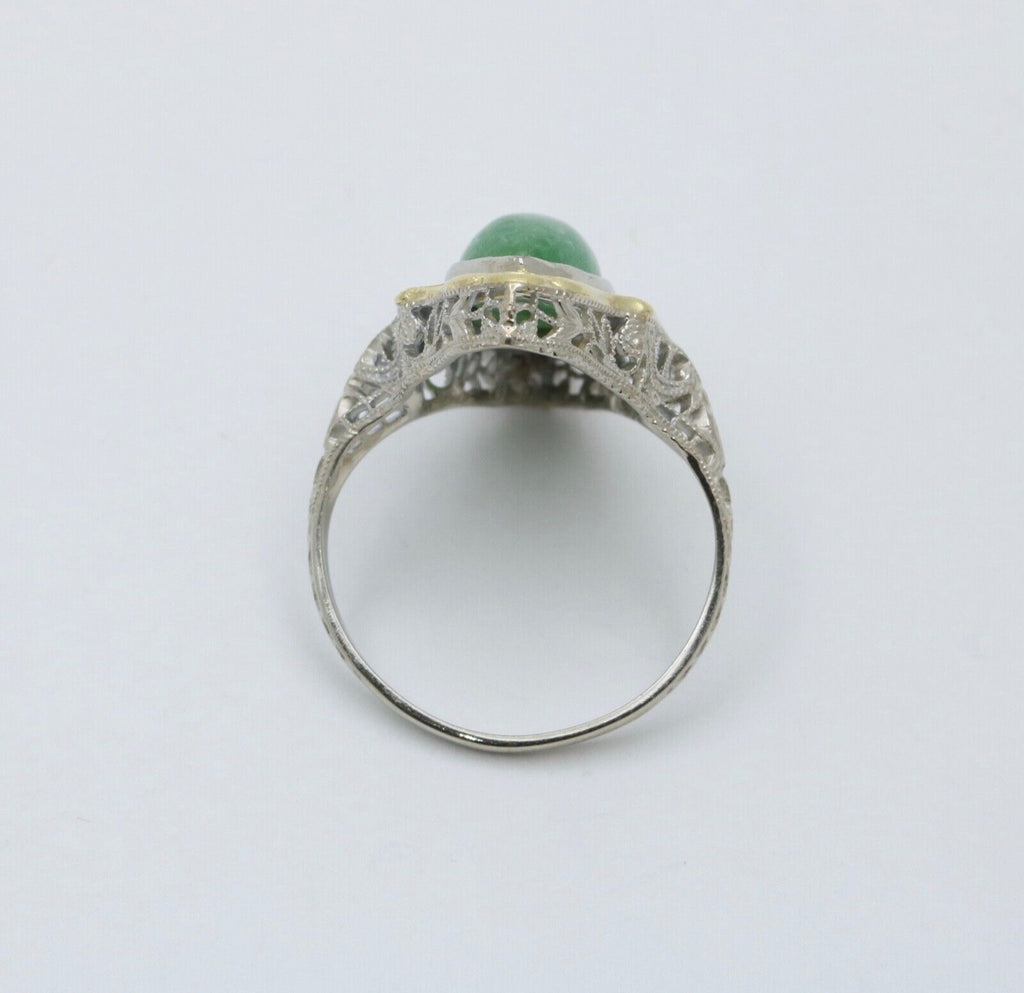 Art Deco 14K Gold Jade Navette Filigree Ring