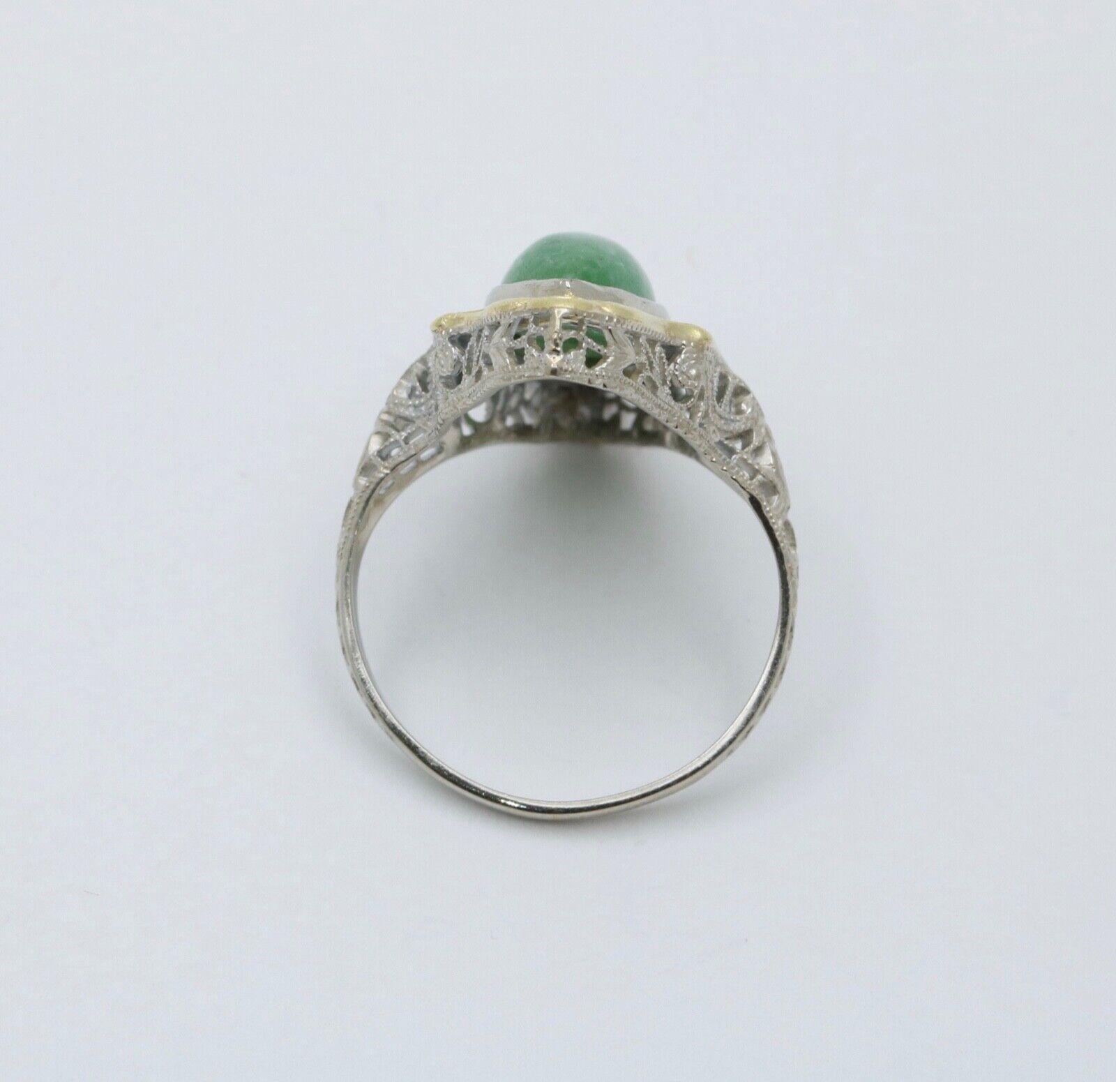 Art Deco 14K Gold Jade Navette Filigree Ring