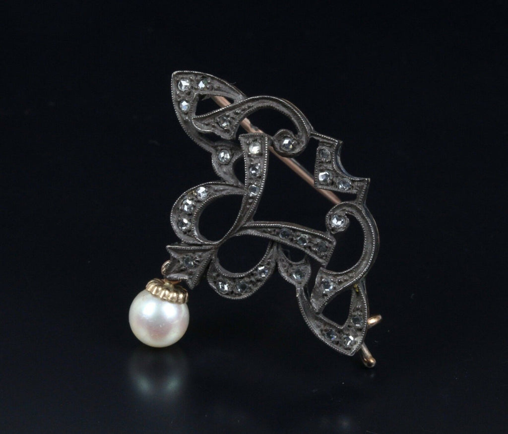Victorian 10K Yellow Gold and Silver Diamond Pearl Brooch