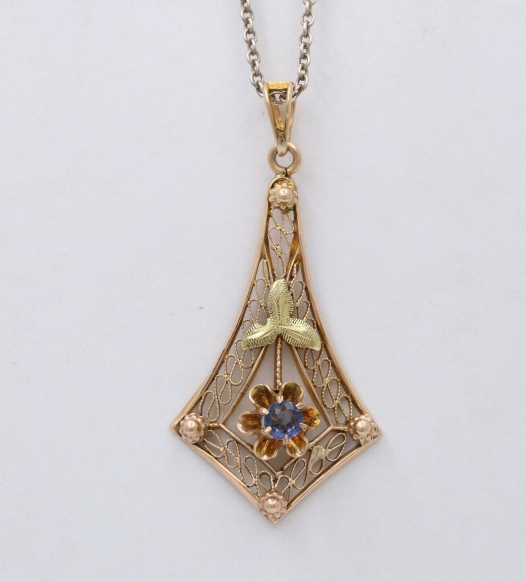 Art Deco Blue Sapphire 10K Yellow Gold Pendant