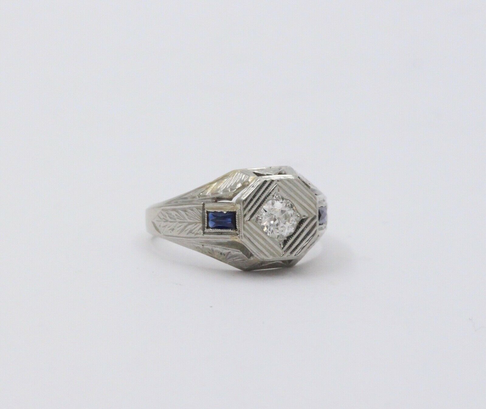 Antique Art Deco 14K White Gold Diamond & Sapphire Ring, Engagement Ring.