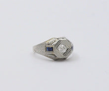 Load image into Gallery viewer, Antique Art Deco 14K White Gold Diamond &amp; Sapphire Ring, Engagement Ring.
