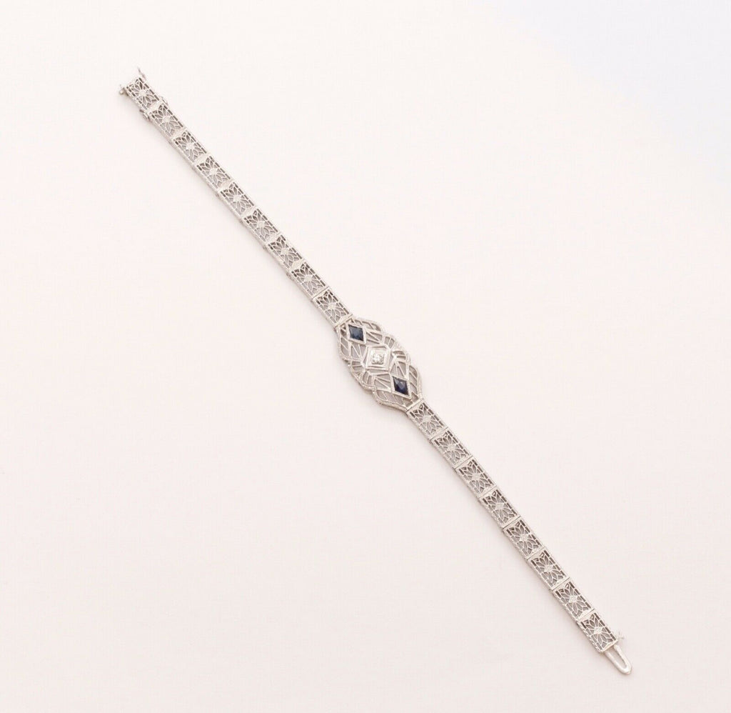 Art Deco Diamond Blue Sapphire 14K White Gold Filagree Bracelet