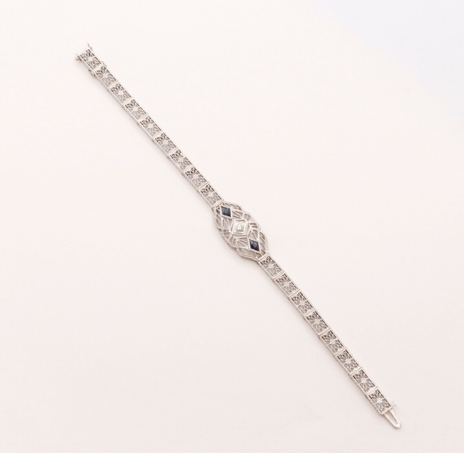 Art Deco Diamond Blue Sapphire 14K White Gold Filagree Bracelet