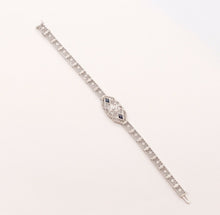 Load image into Gallery viewer, Art Deco Diamond Blue Sapphire 14K White Gold Filagree Bracelet
