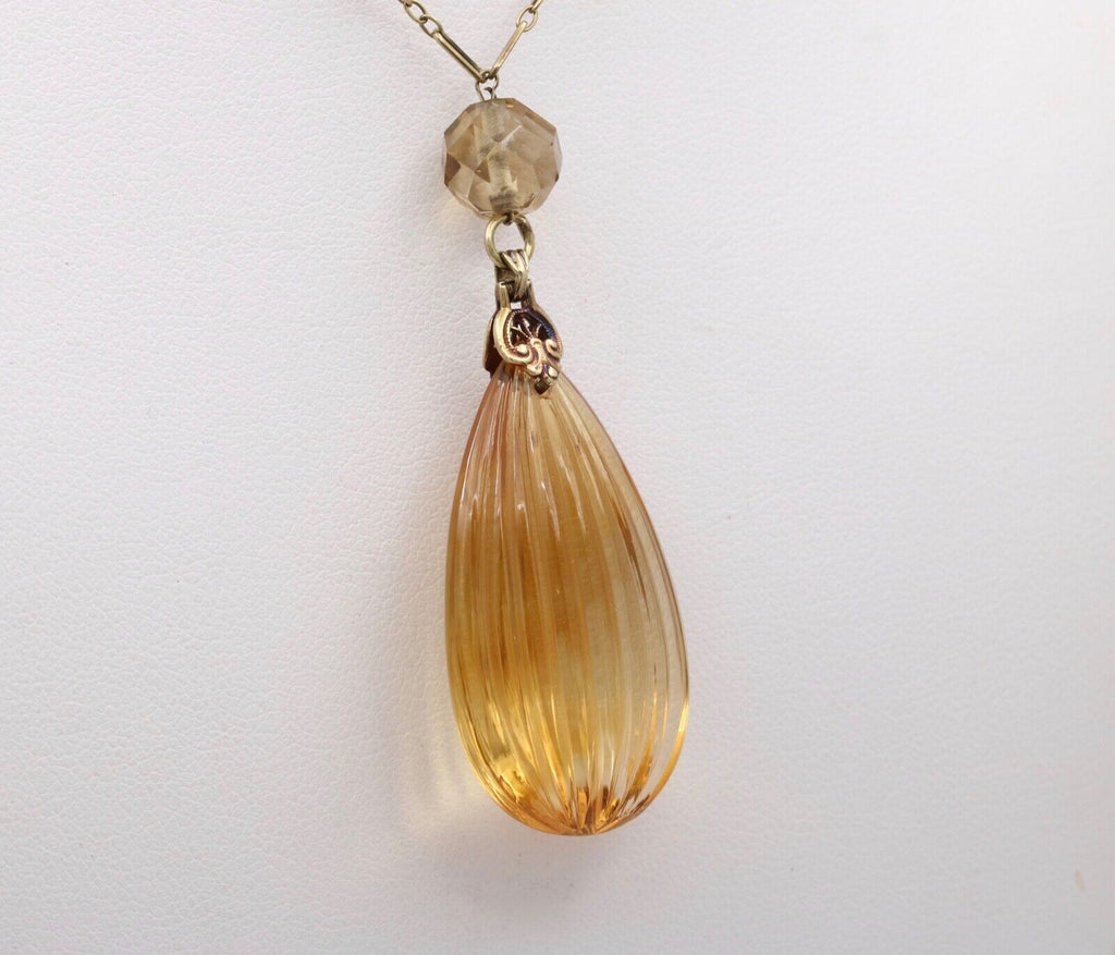 Vintage 14K Yellow Gold Carved Citrine Pendant and Necklace