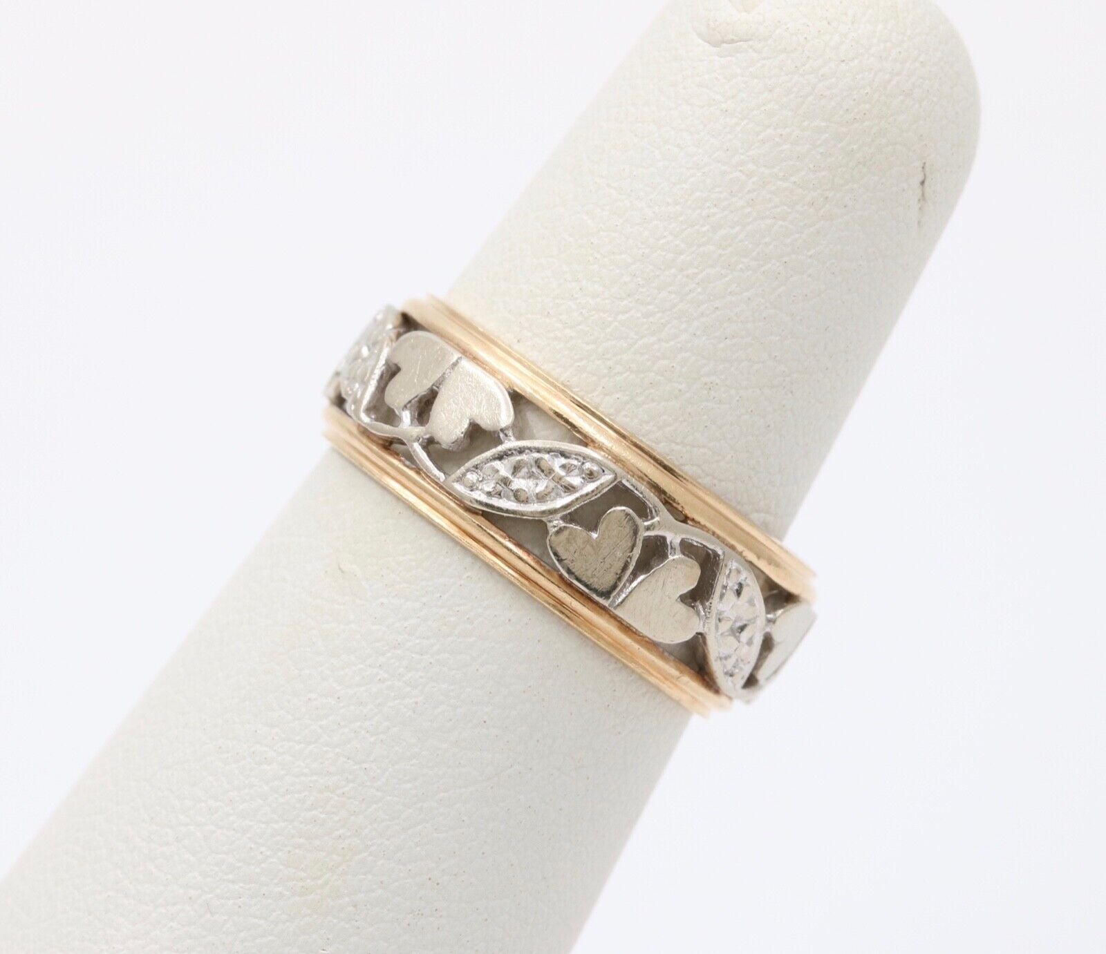 Vintage Heart and Leaves 14K White Yellow Gold Ring Band