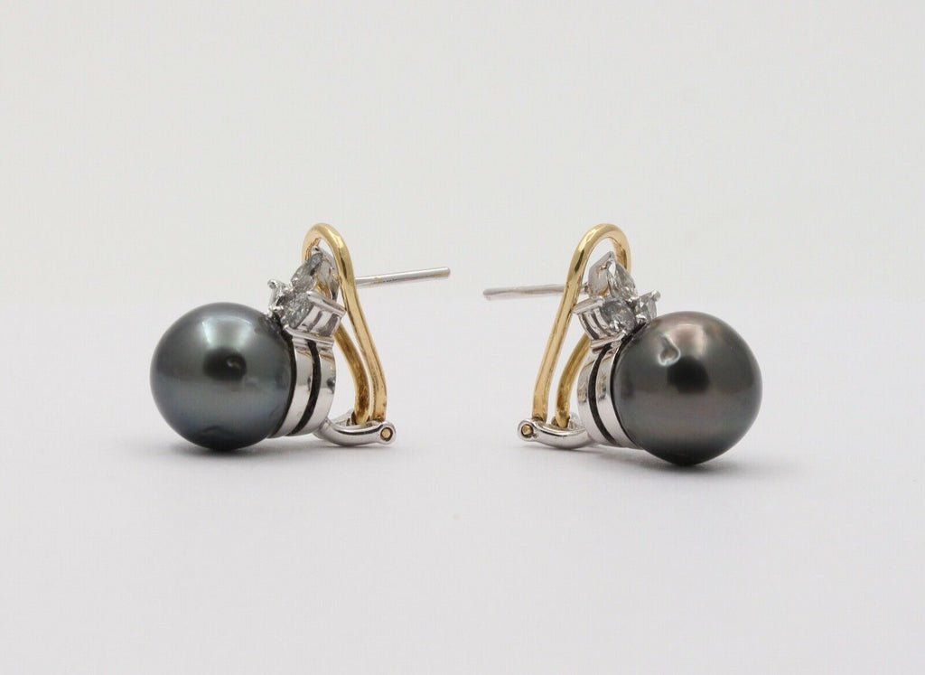 Lovely Tahitian Pearl Diamonds 18K White Yellow Gold Vintage Earrings