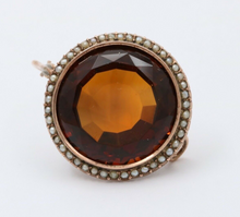 Load image into Gallery viewer, Vintage 14K Rose Gold Madeira Citrine Seed Pearl Halo Brooch.
