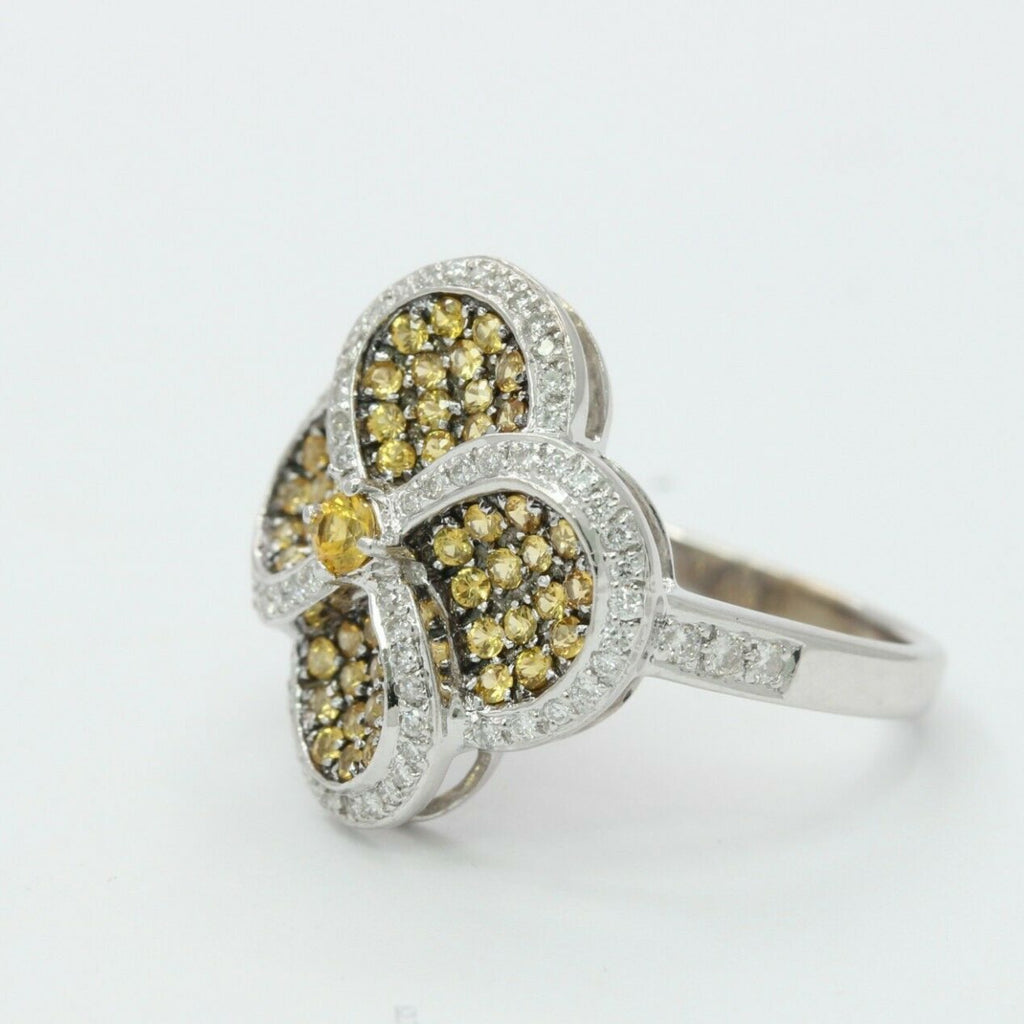 Vintage 18K White Gold Yellow & White Diamond Four Leaf Ring