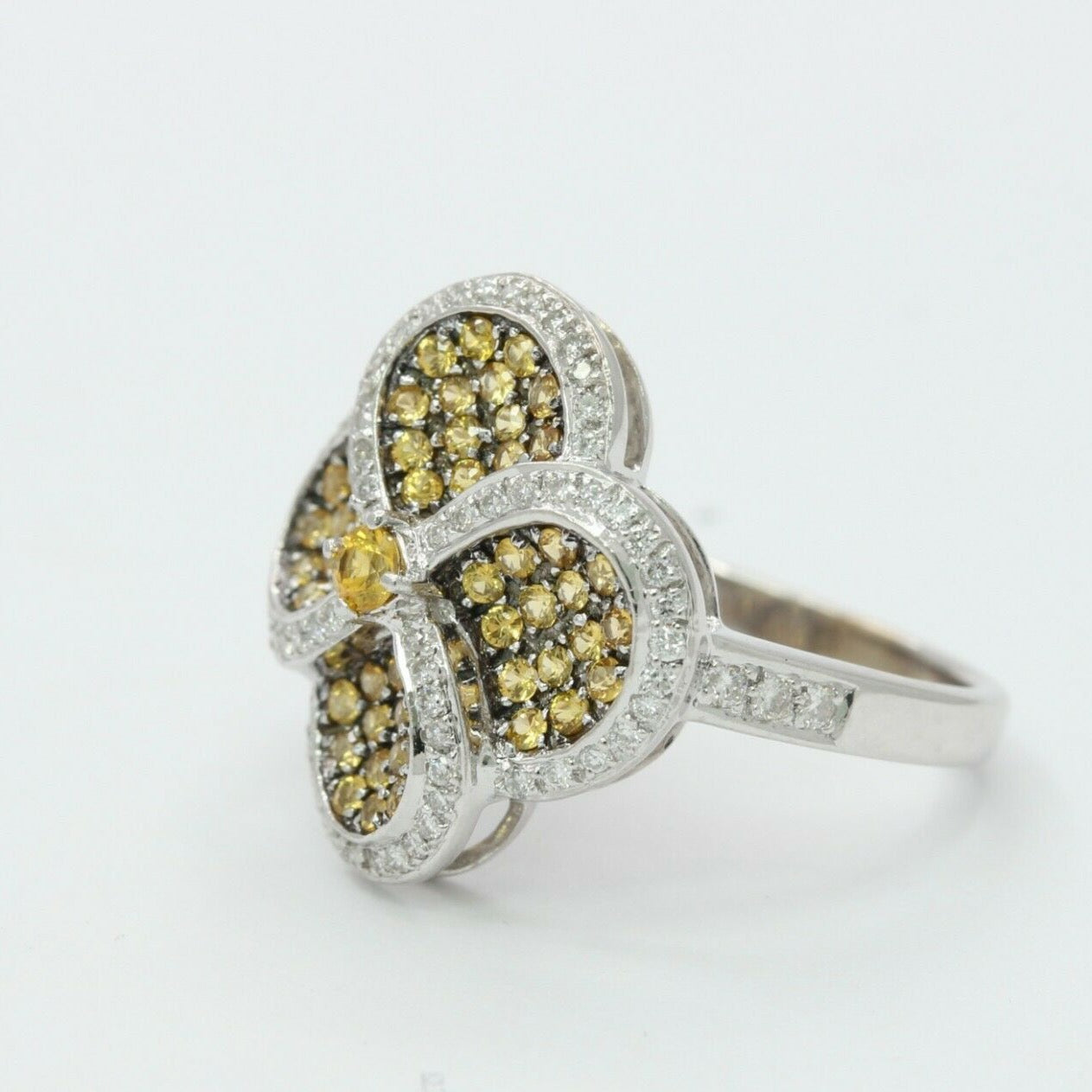 Vintage 18K White Gold Yellow & White Diamond Four Leaf Ring