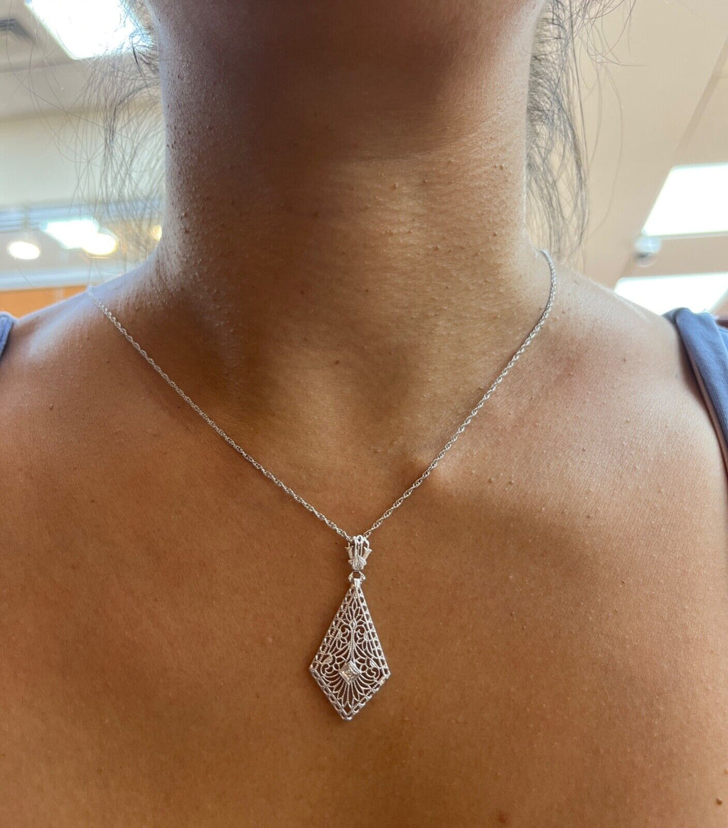 Art Deco 14K White Gold Filigree Diamond Pendant Necklace