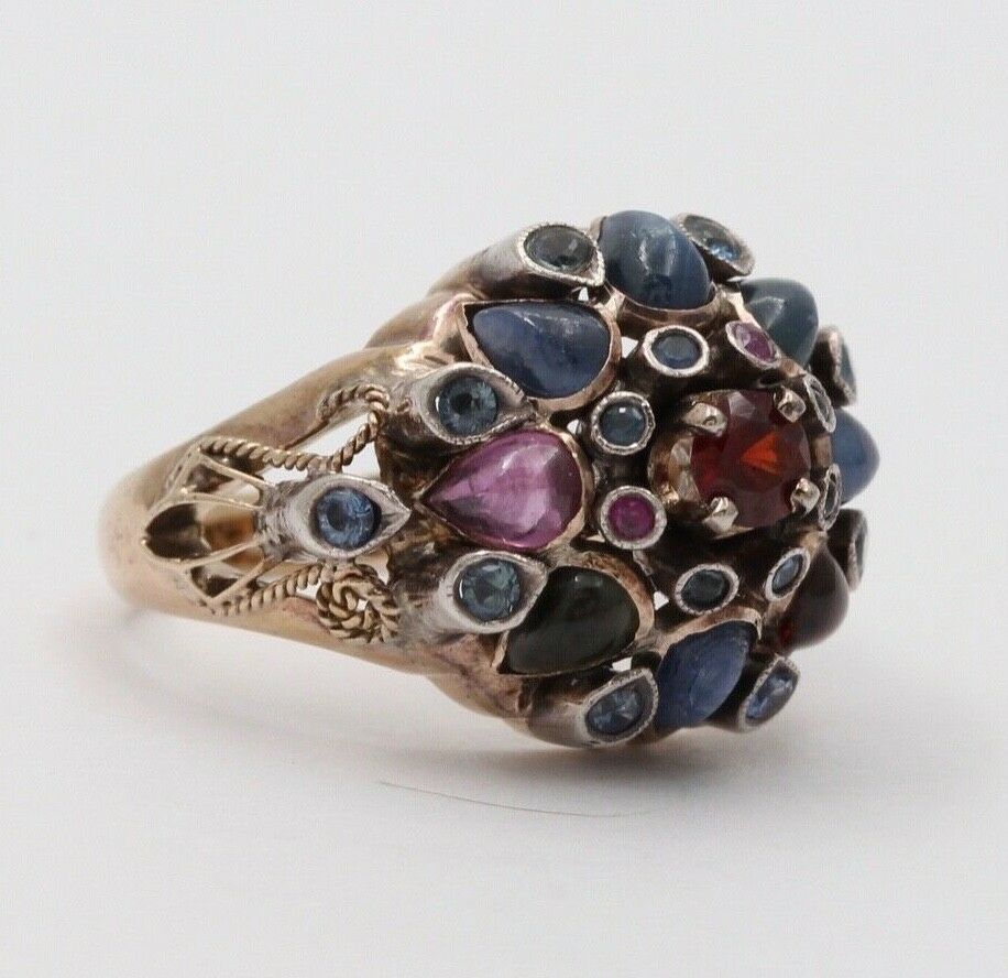 Vintage Multi Color Natural Sapphire, Blue Topaz, Pink Tourmaline and Garnet 14K
