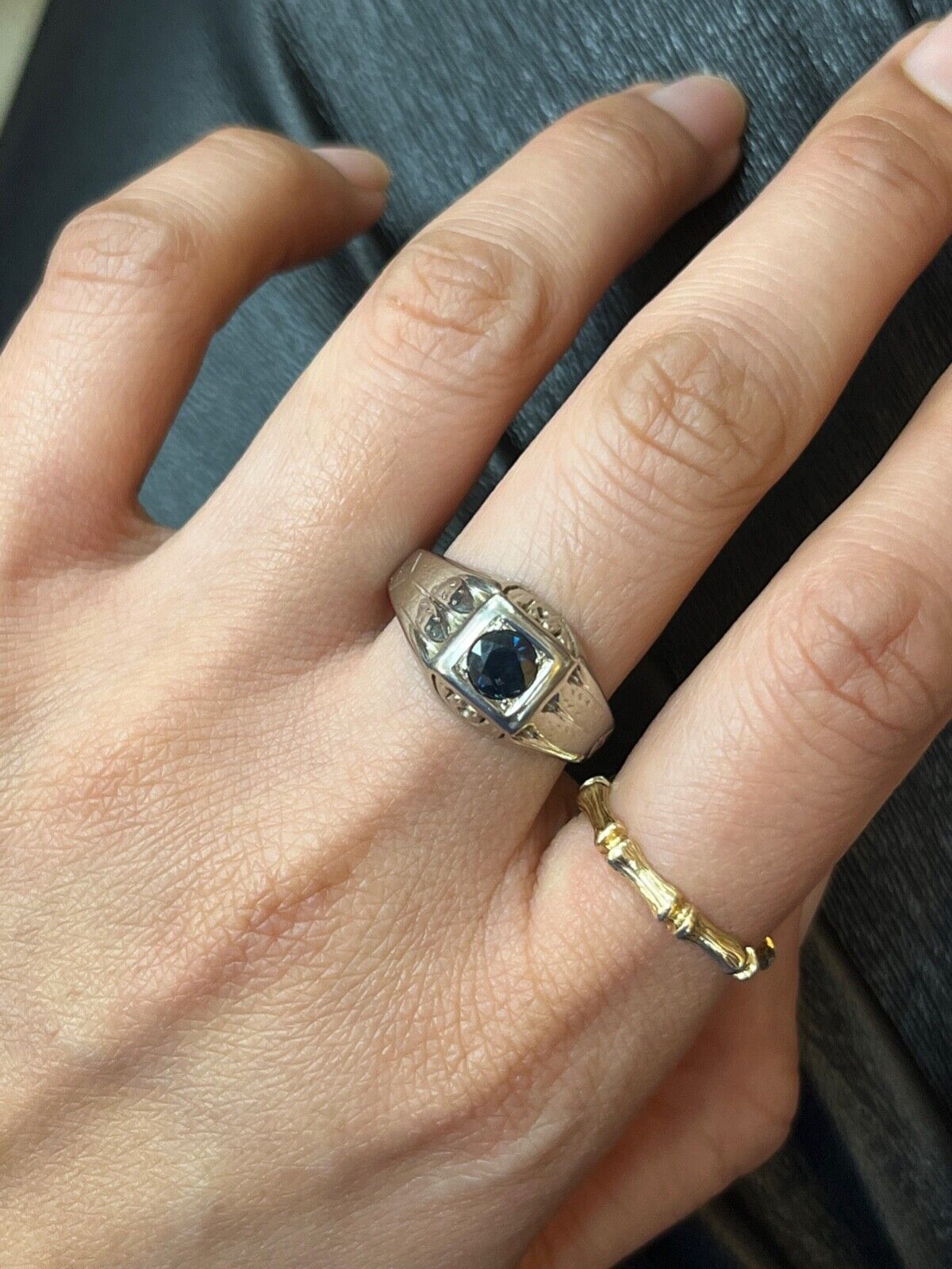 Art Deco Sapphire 14K White Gold Unisex Ring Band