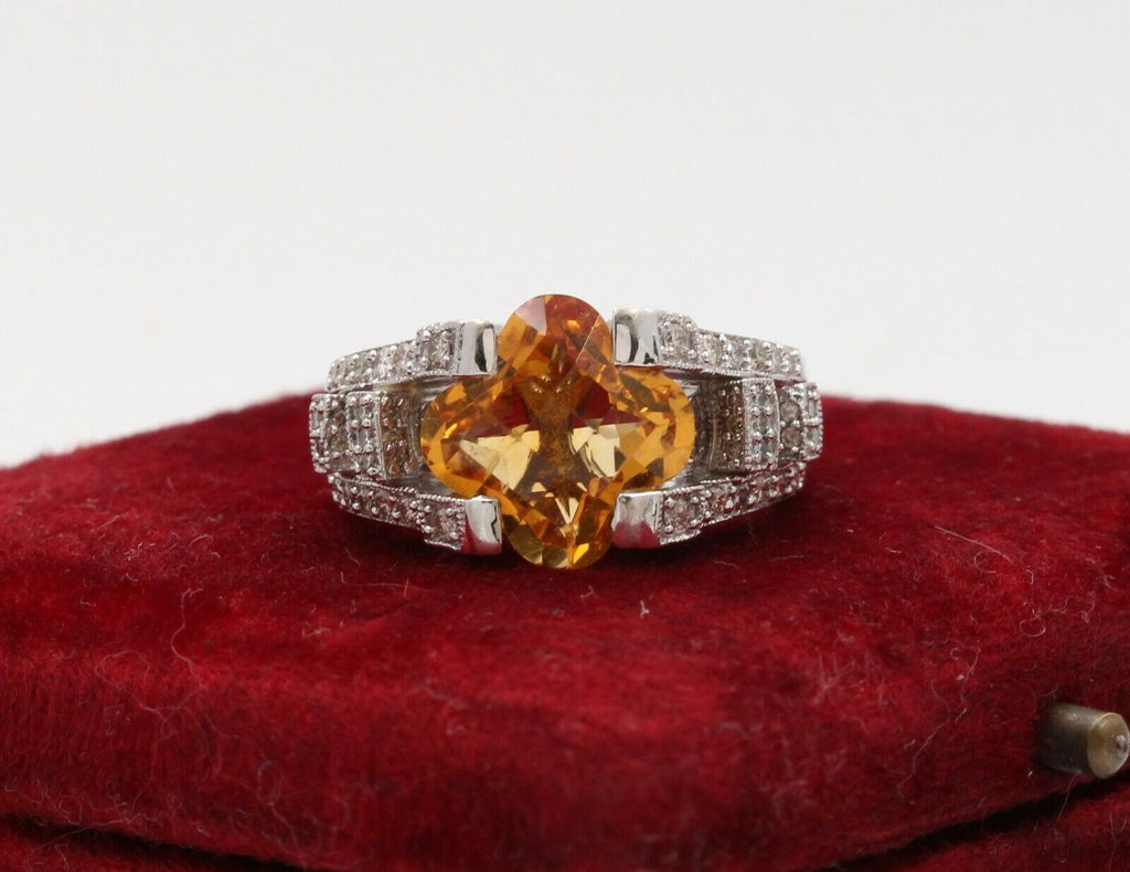 Unique Clover Shape Checkerboard Cut Citrine 14K White Gold Diamond Ring , Engag