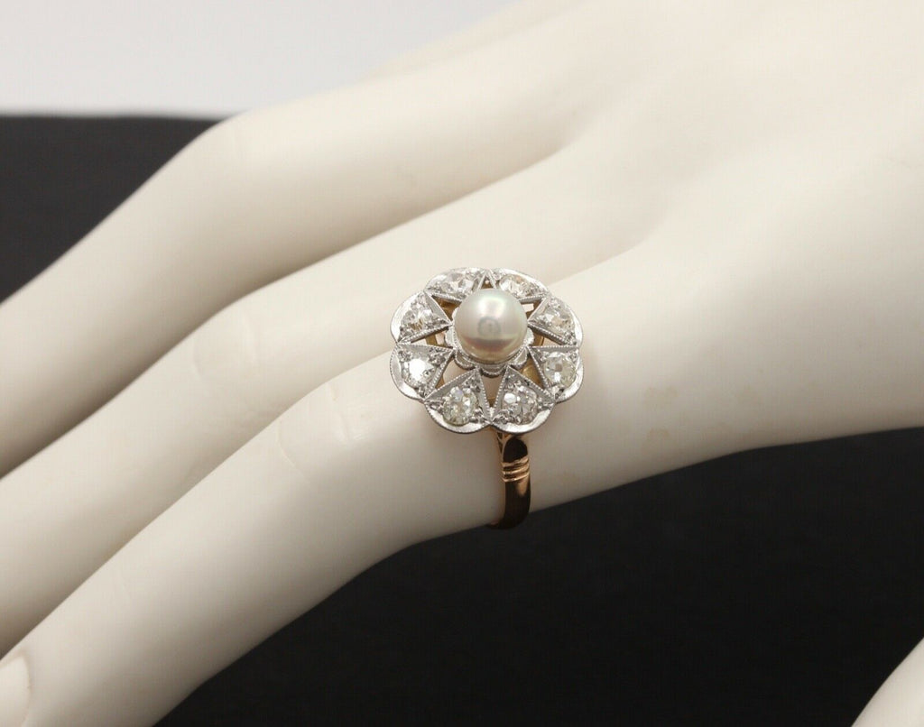 Edwardian Old European Diamonds Natural Pearl Platinum 18K YG Ring