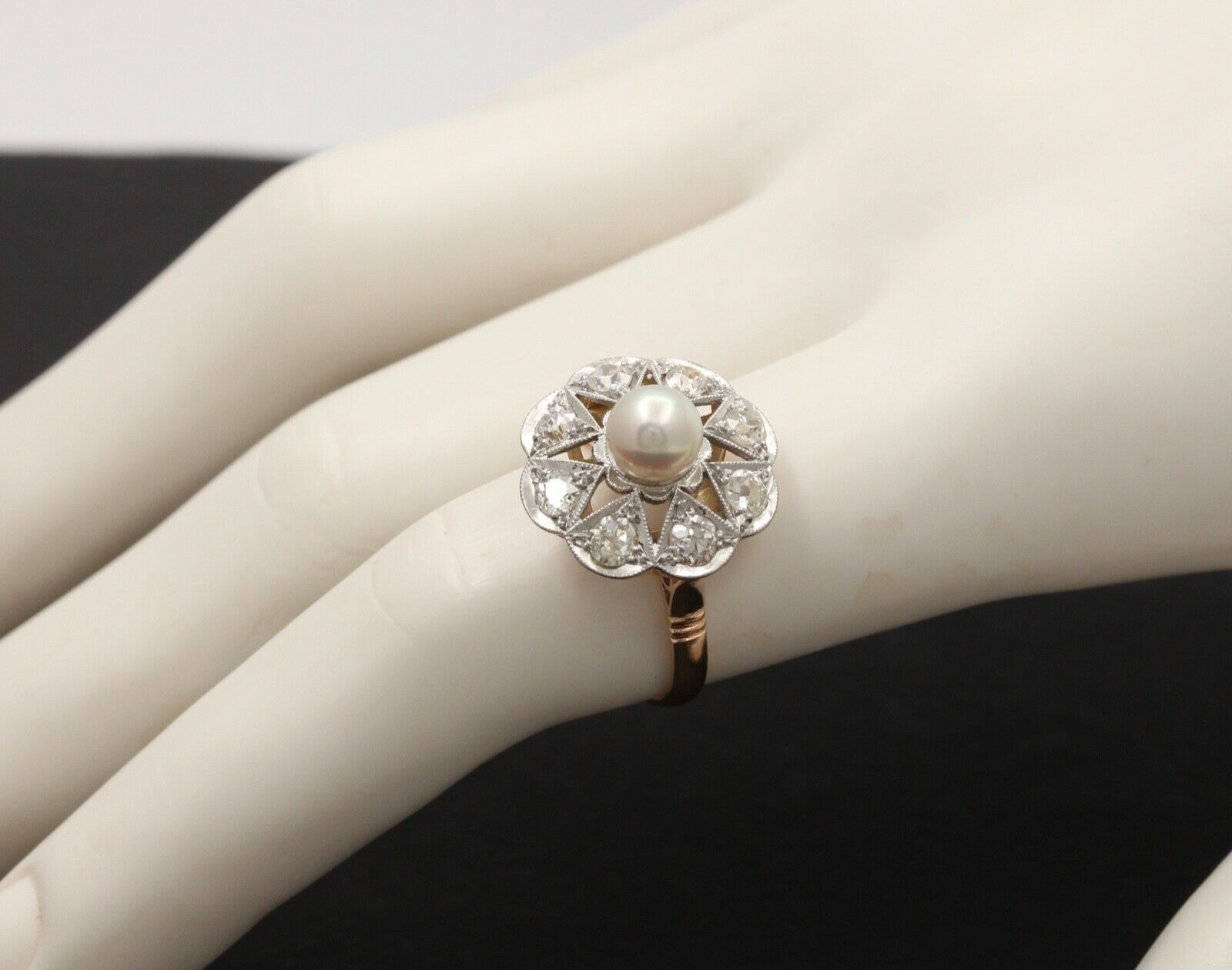 Edwardian Old European Diamonds Natural Pearl Platinum 18K YG Ring