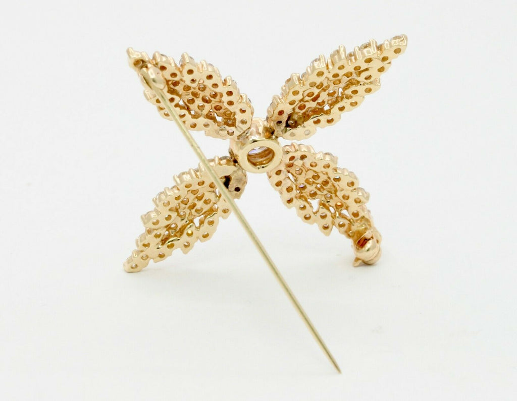 Vintage 14K Yellow Gold Four Leaf 6.50 Carat Diamond Brooch