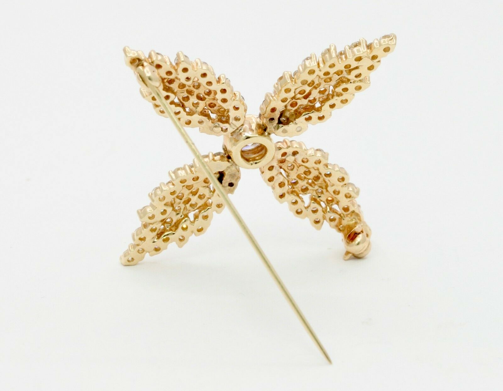 Vintage 14K Yellow Gold Four Leaf 6.50 Carat Diamond Brooch