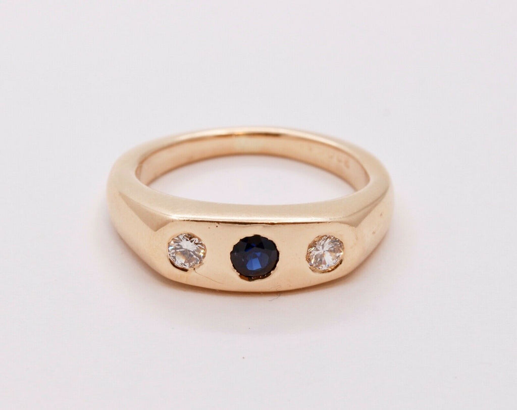 Unisex Vintage Mens Ladies Blue Sapphire Diamonds 14K Yellow Gold Ring