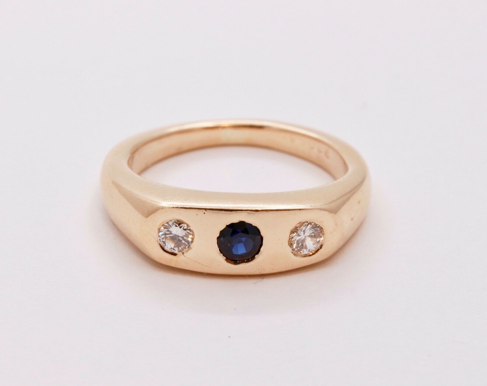 Unisex Vintage Mens Ladies Blue Sapphire Diamonds 14K Yellow Gold Ring