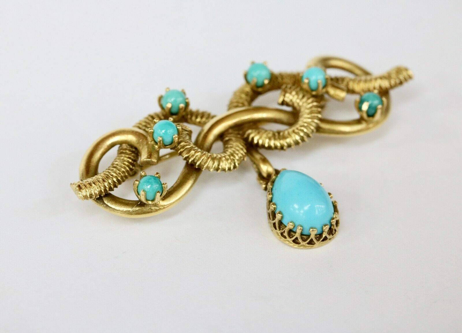 Antique Victorian Hand Crafted 14K Yellow Gold Turquoise Brooch